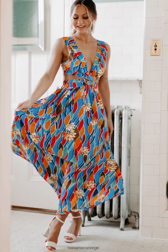 blå NanaMacs øyene bort tropisk print cut-out maxi kjole 402NJ02389