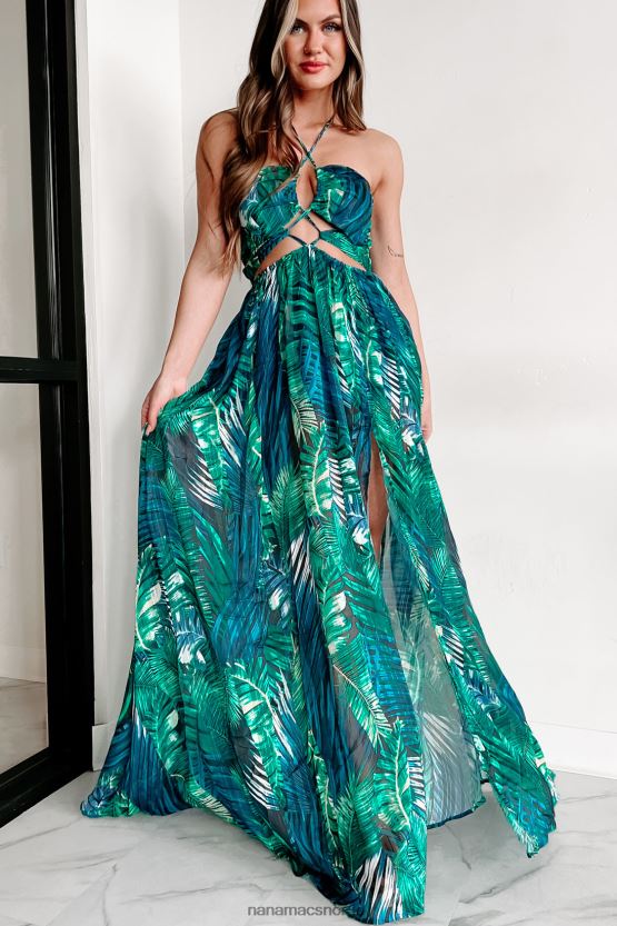 blå grønn NanaMacs fabelaktig maxi-kjole i fiji med tropisk trykk 402NJ02416