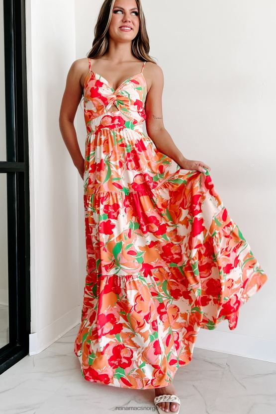 fersken multi NanaMacs sunshine villa maxi-kjole med lagdelt trykt 402NJ02334