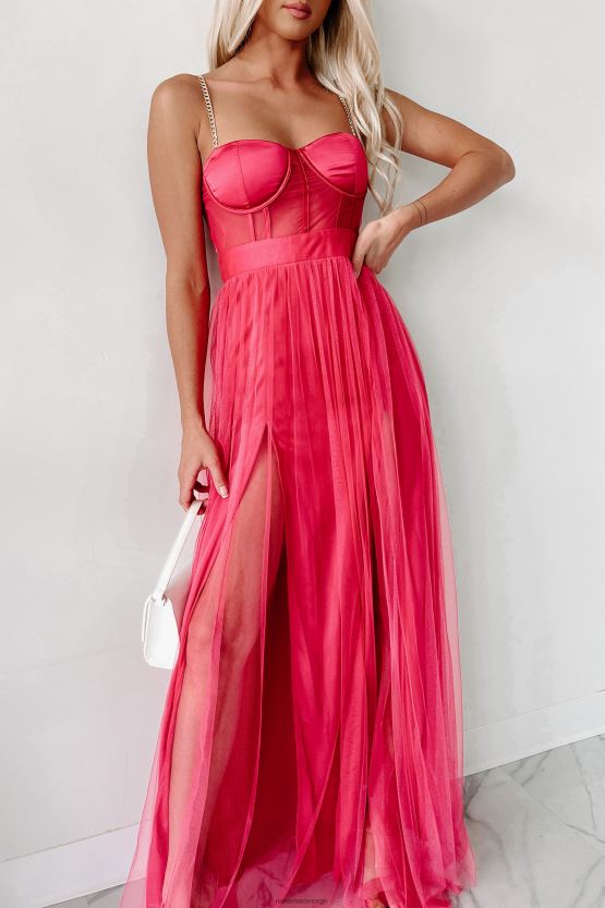 fuchsia NanaMacs slå ut gullkjededetalj korsett maxi-kjole 402NJ02338