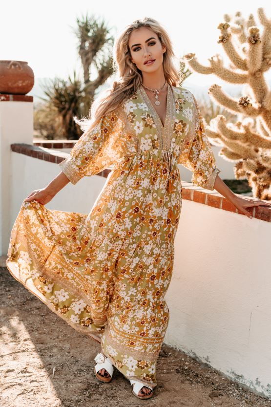 gul/lime NanaMacs hageblikk tiered floral maxi kjole 402NJ02432