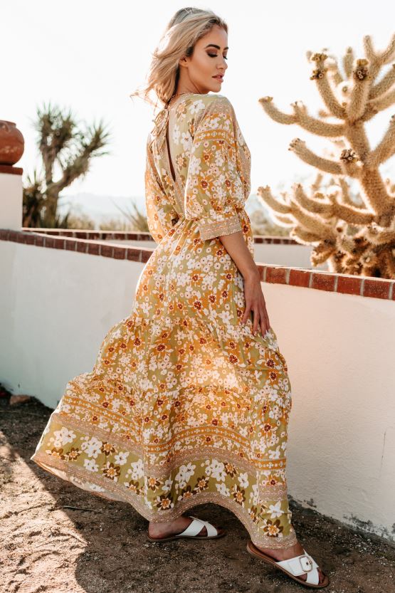 gul/lime NanaMacs hageblikk tiered floral maxi kjole 402NJ02432