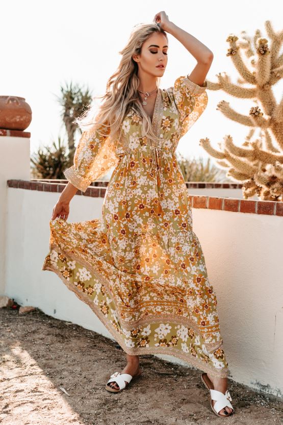gul/lime NanaMacs hageblikk tiered floral maxi kjole 402NJ02432