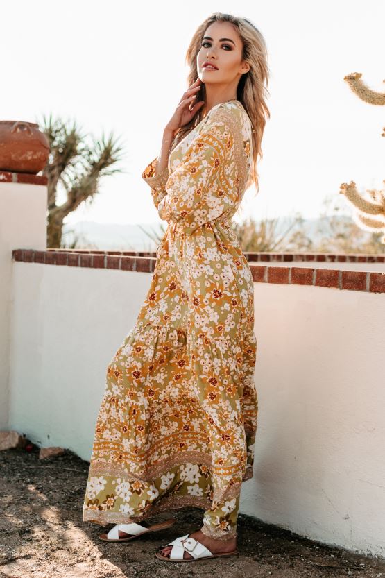 gul/lime NanaMacs hageblikk tiered floral maxi kjole 402NJ02432