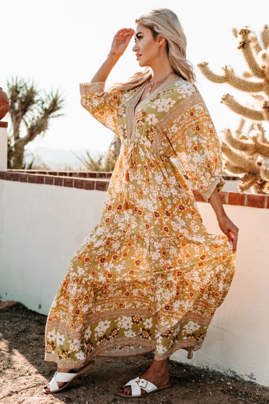 gul/lime NanaMacs hageblikk tiered floral maxi kjole 402NJ02432