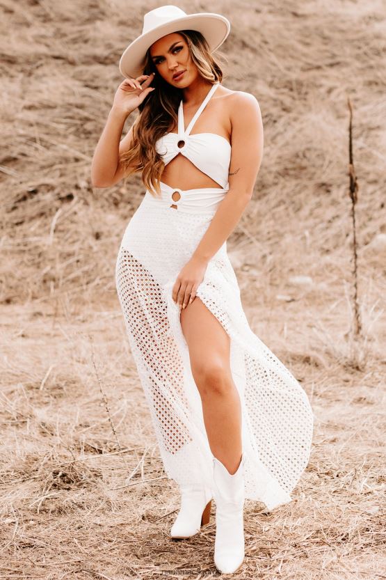 hvit NanaMacs et sted varm halterneck strikket bodysuit maxi kjole 402NJ02382