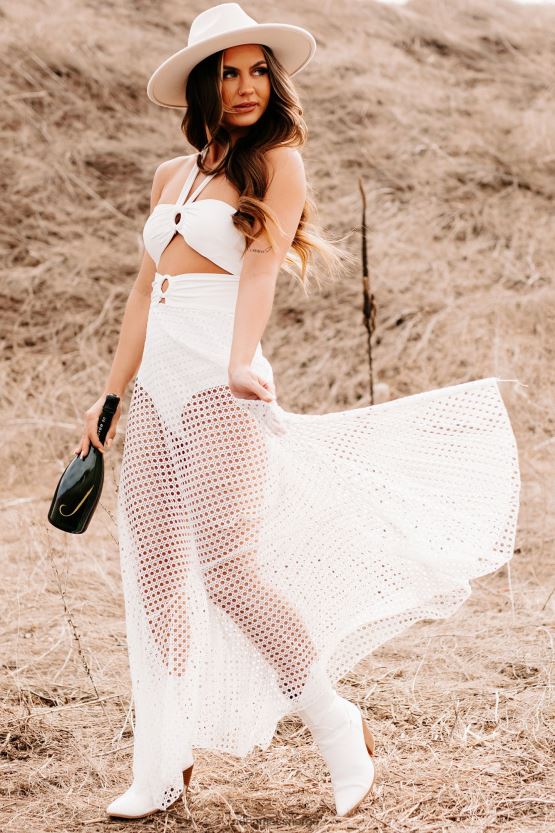 hvit NanaMacs et sted varm halterneck strikket bodysuit maxi kjole 402NJ02382