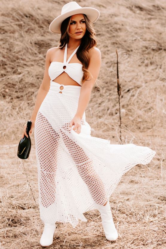 hvit NanaMacs et sted varm halterneck strikket bodysuit maxi kjole 402NJ02382