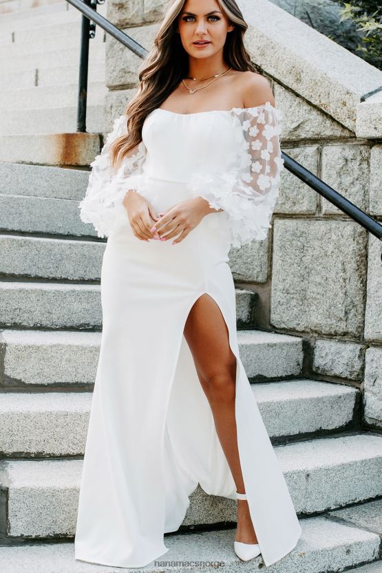 hvit NanaMacs kjærligheten i øynene av skulderen floral sleeve maxi kjole 402NJ02324