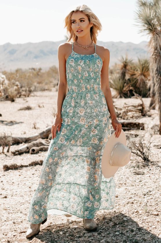 jade NanaMacs eloisia smocket blomstret blonde maxi-kjole 402NJ02434