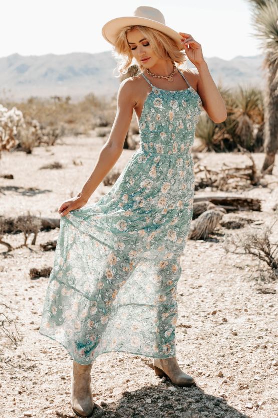 jade NanaMacs eloisia smocket blomstret blonde maxi-kjole 402NJ02434