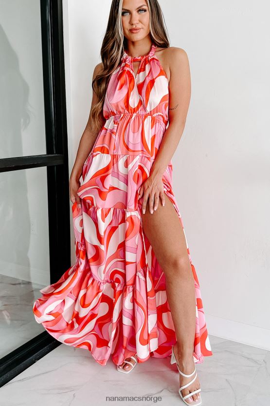 korall/rosa NanaMacs grimme maxi-kjole med trykk i tide 402NJ02341