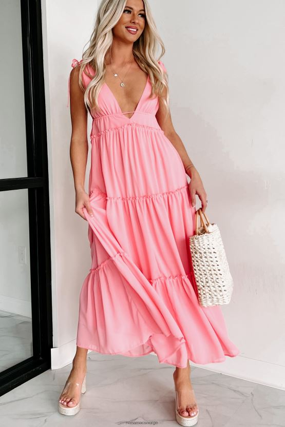 korallrosa NanaMacs wonder whimsy tiered v-hals maxi kjole 402NJ02352