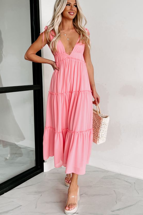 korallrosa NanaMacs wonder whimsy tiered v-hals maxi kjole 402NJ02352