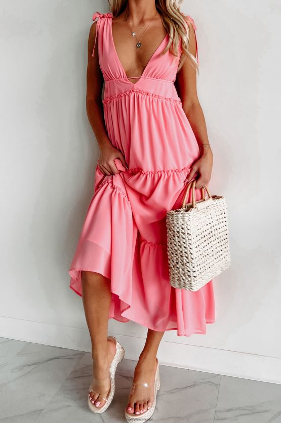 korallrosa NanaMacs wonder whimsy tiered v-hals maxi kjole 402NJ02352