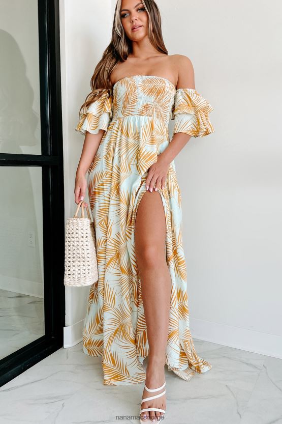 lyseblå/gul NanaMacs drar på flukt fra skulderen maxikjole 402NJ02337