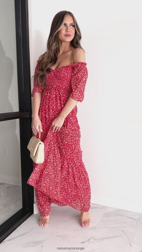 rød NanaMacs alltid søt floral smocked maxi kjole 402NJ02405