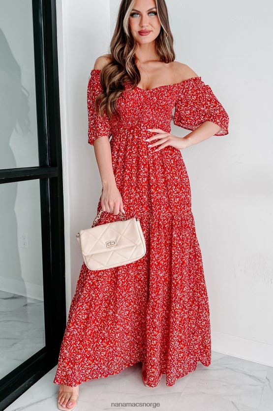 rød NanaMacs alltid søt floral smocked maxi kjole 402NJ02405
