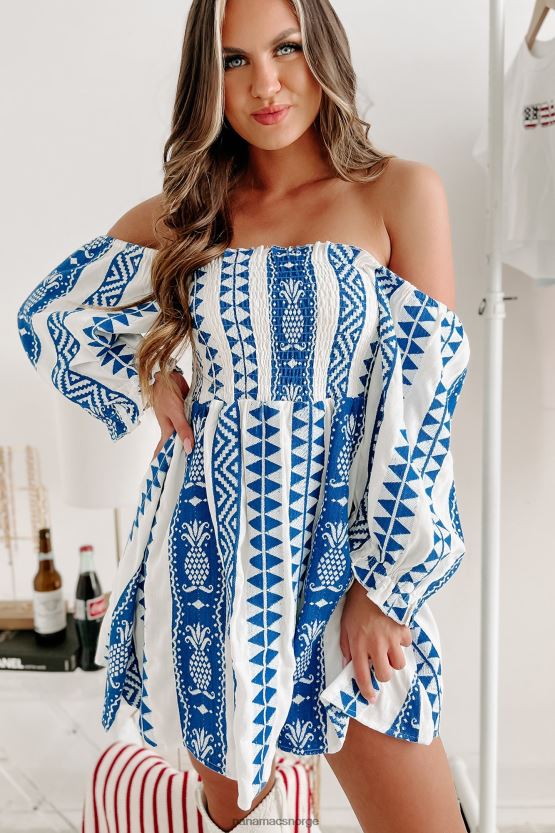 hvit/blå NanaMacs vacay time minikjole med puffermer 402NJ01905