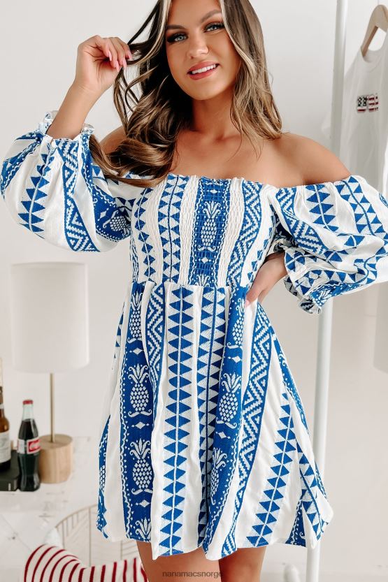 hvit/blå NanaMacs vacay time minikjole med puffermer 402NJ01905