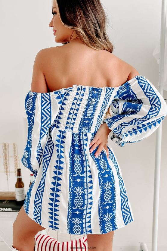 hvit/blå NanaMacs vacay time minikjole med puffermer 402NJ01905