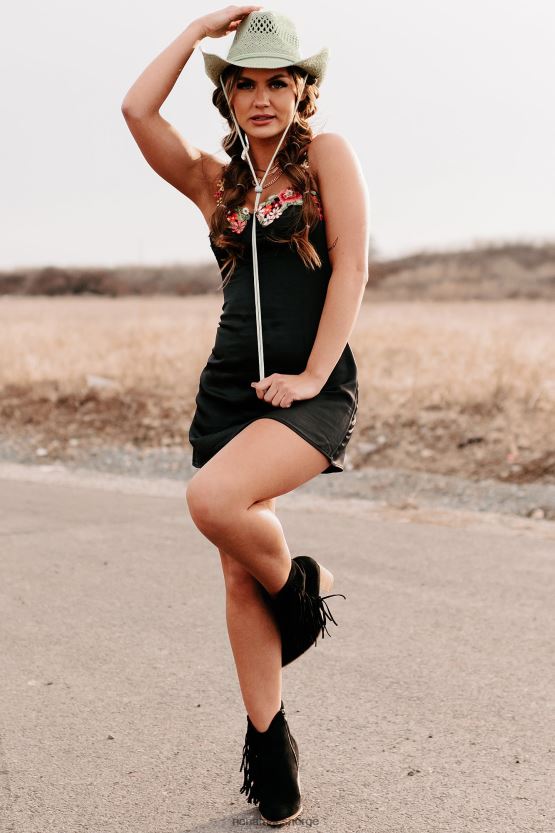 svart NanaMacs inspirere skjønnhet floral brodert sateng mini kjole 402NJ02000