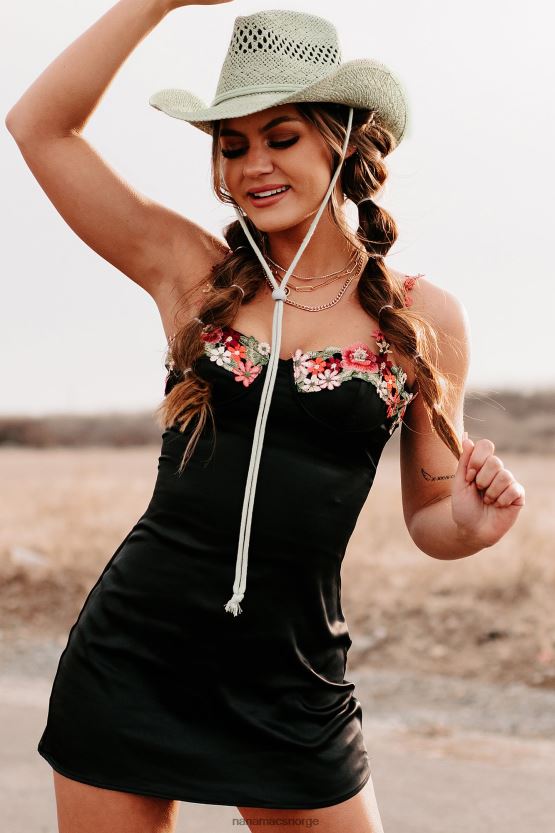 svart NanaMacs inspirere skjønnhet floral brodert sateng mini kjole 402NJ02000