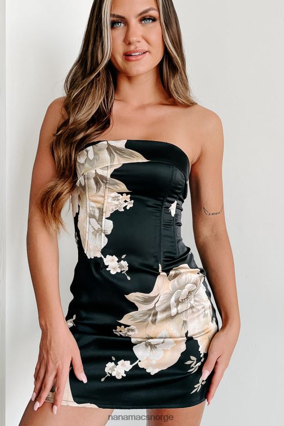 svart NanaMacs litt trøbbel stroppeløs blomstret minikjole 402NJ01892