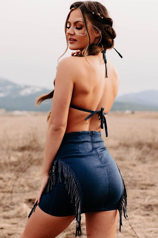 mørk denim NanaMacs noen unnskyldning todelt frynser skjørt sett 402NJ01577