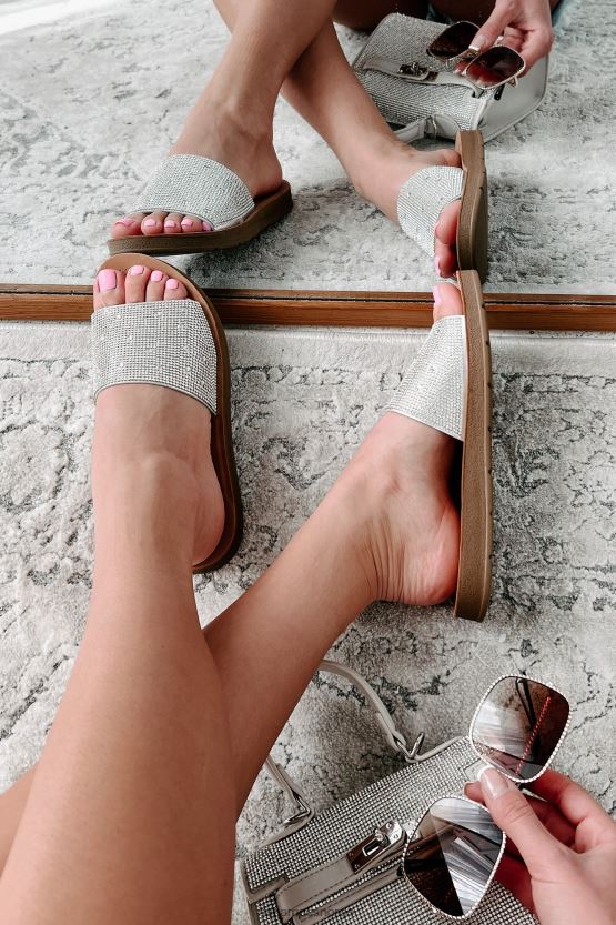 sølv NanaMacs frigjør tankene dine rhinestone lysbilde sandaler 402NJ04013