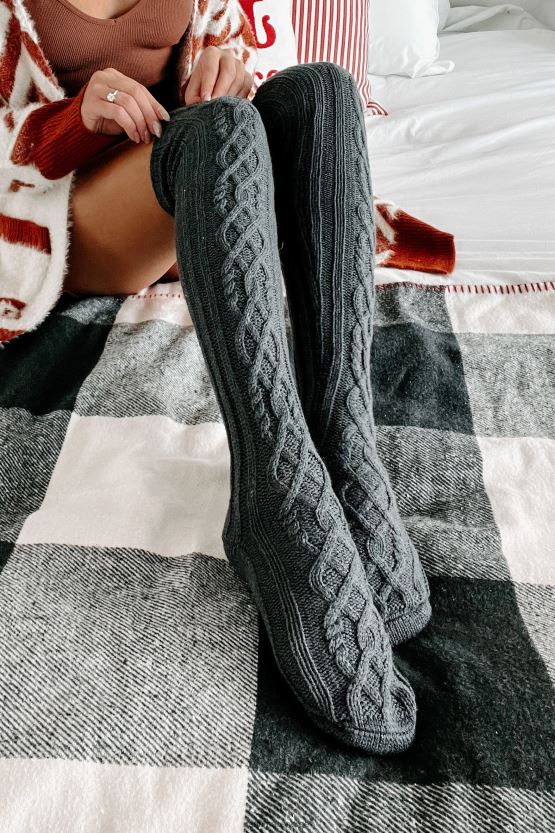 grå NanaMacs toasty tær knehøye kabelstrikkede sokker 402NJ04568
