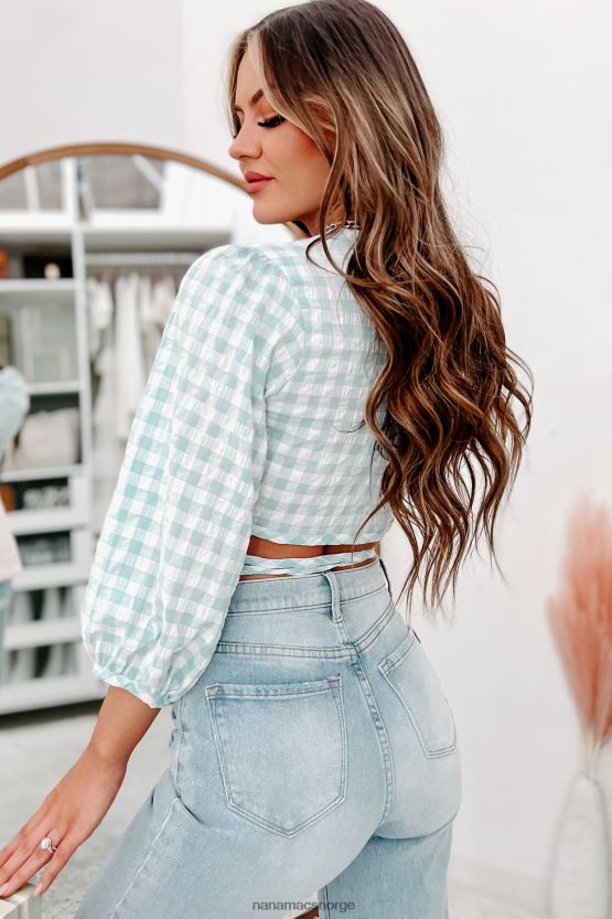 blå NanaMacs bare sjekke 3/4-ermet checker print wrap crop top 402NJ01331