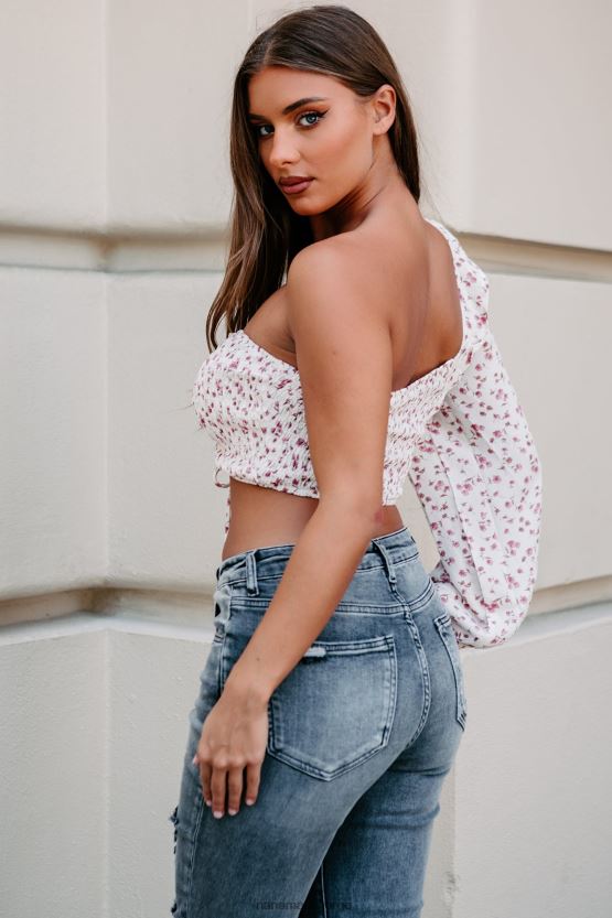 elfenben/lilla floral NanaMacs gledelig reaksjon smocked en skulder crop top 402NJ01505