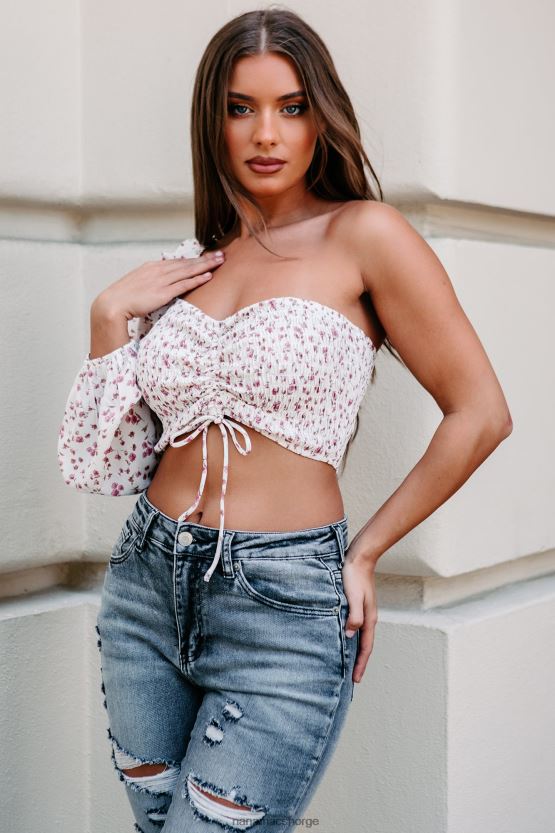 elfenben/lilla floral NanaMacs gledelig reaksjon smocked en skulder crop top 402NJ01505