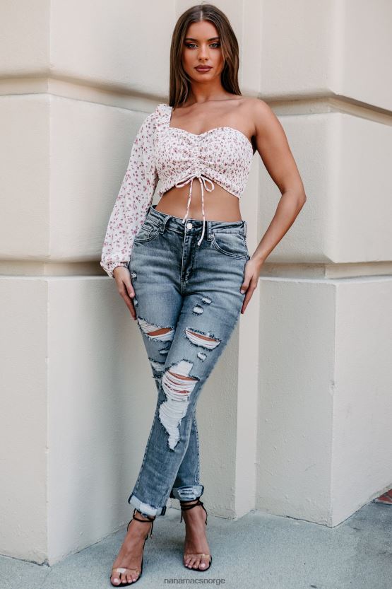 elfenben/lilla floral NanaMacs gledelig reaksjon smocked en skulder crop top 402NJ01505