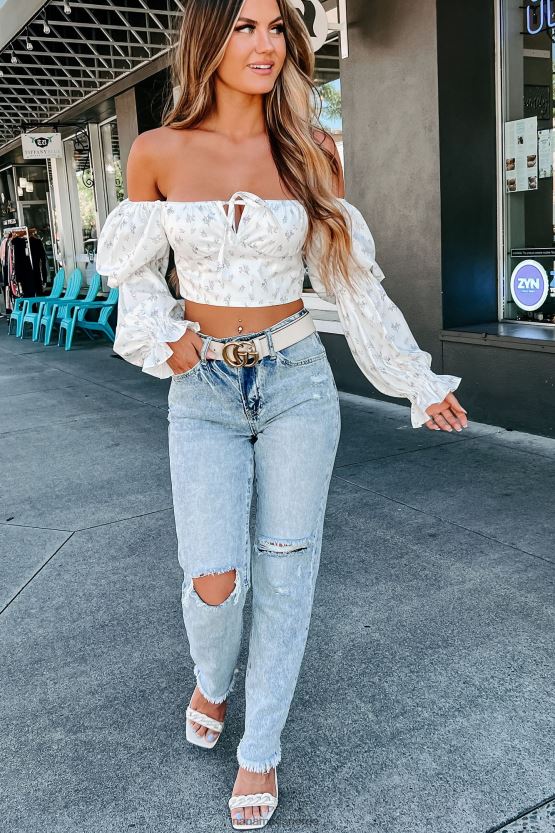 hvit NanaMacs samle tankene dine floral puff skulder crop top 402NJ01251