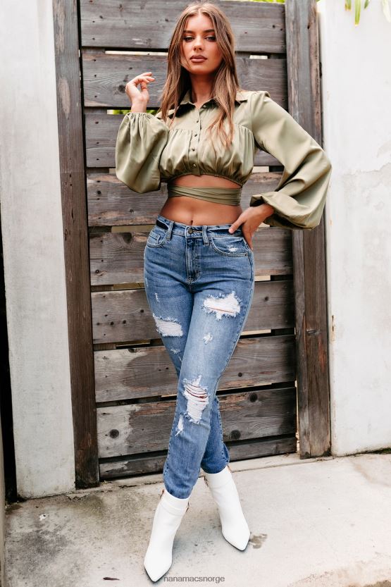 oliven NanaMacs elowen silke knapp ned krage crop topp 402NJ01508