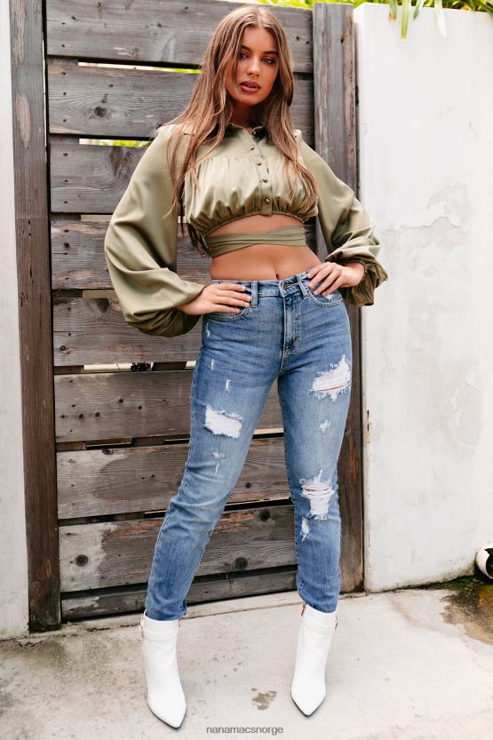 oliven NanaMacs elowen silke knapp ned krage crop topp 402NJ01508