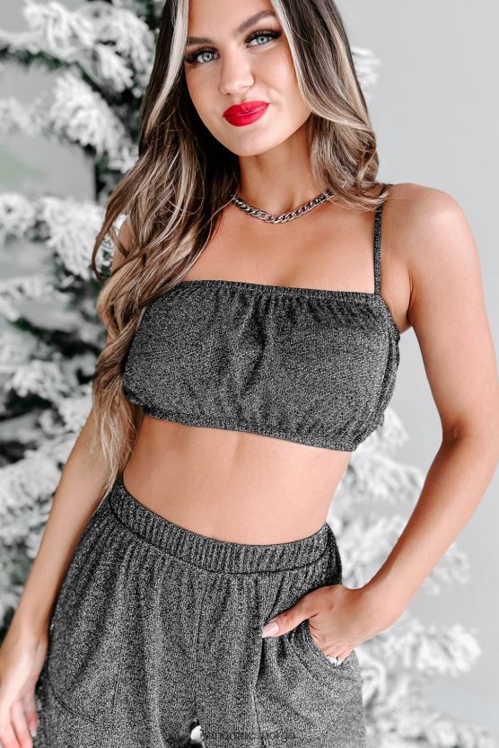 svart NanaMacs begavet elastisk kant glitter crop topp 402NJ0188