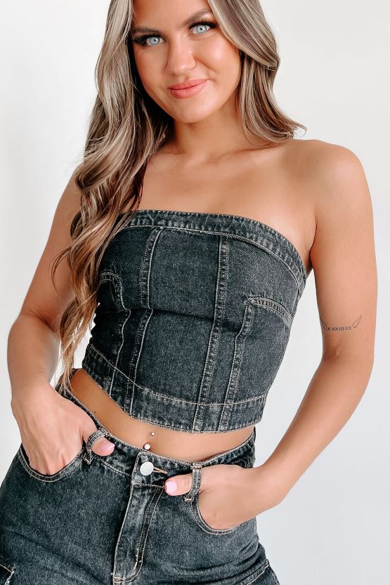 svart NanaMacs bite the bullet stroppeløs denim crop top 402NJ026