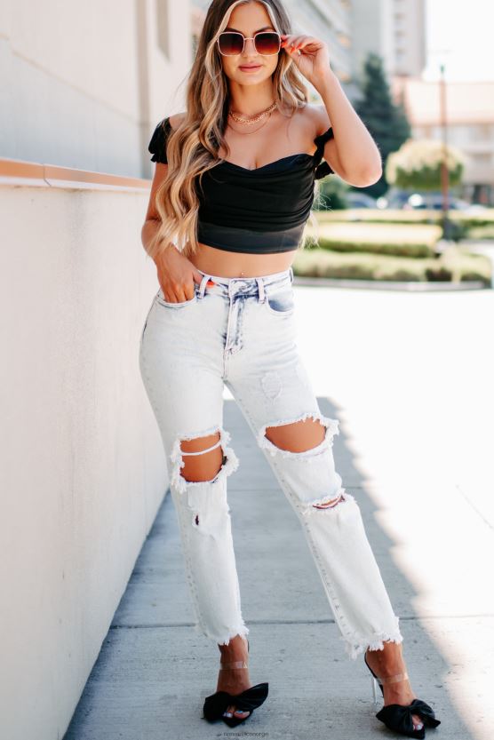 svart NanaMacs bli besatt sateng cap sleeve crop top 402NJ0215