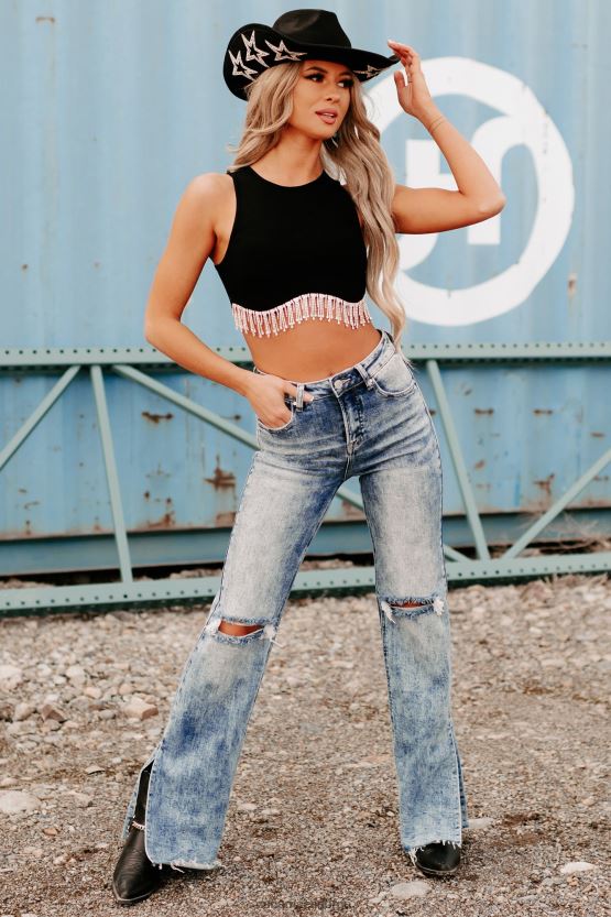 svart NanaMacs fangende blikk rhinestone trim crop top 402NJ01175