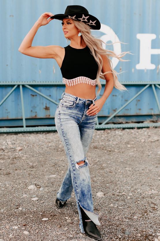 svart NanaMacs fangende blikk rhinestone trim crop top 402NJ01175