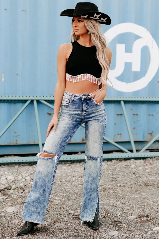 svart NanaMacs fangende blikk rhinestone trim crop top 402NJ01175