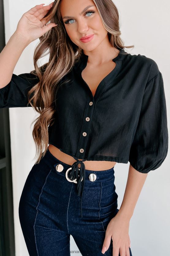 svart NanaMacs gypsy life knapp-front lin crop topp 402NJ0868