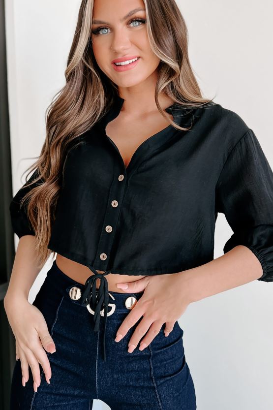 svart NanaMacs gypsy life knapp-front lin crop topp 402NJ0868