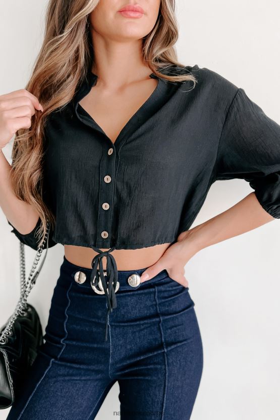 svart NanaMacs gypsy life knapp-front lin crop topp 402NJ0868