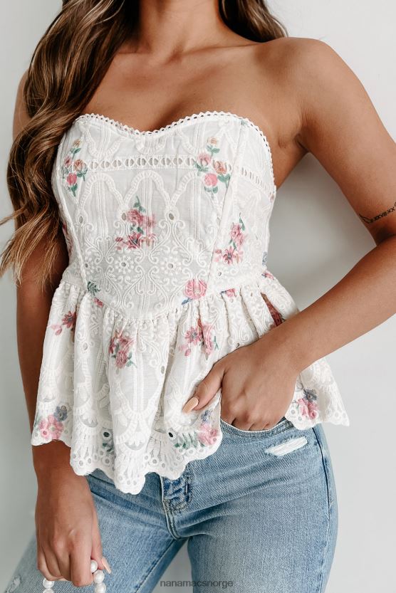 elfenbein NanaMacs slått med inspirasjon brodert stroppeløs blomstertopp 402NJ094