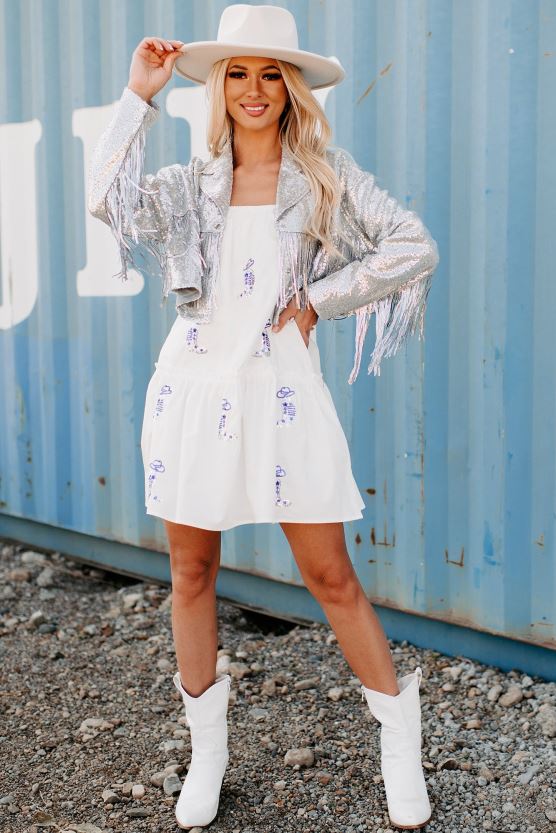 sølv NanaMacs rodeo diva paljett frynser cropped jakke 402NJ03752