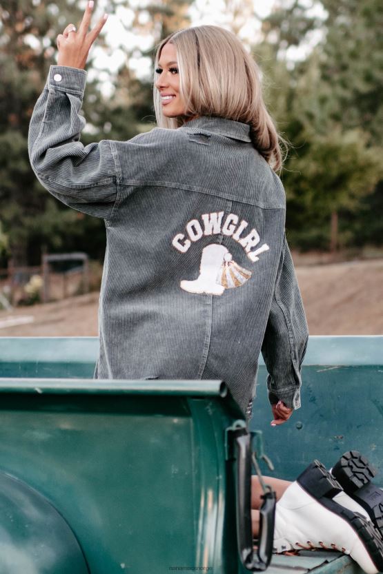 grå NanaMacs cowgirl vennligst cordfløyel patch distressed shacket 402NJ03711